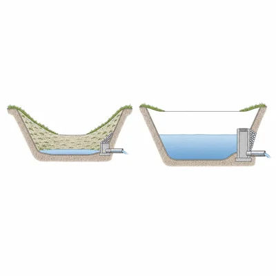 Side-by-side cross sections of a dry detention basin and a wet retention pond.