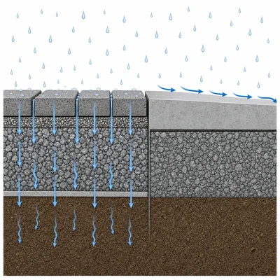 Cutaway showing water infiltrating through permeable pavement compared with runoff from solid concrete.