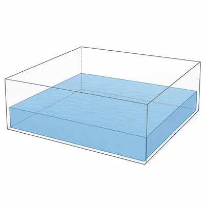 Rectangular basin partially filled with stormwater to show storage depth.