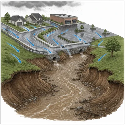 Runoff from impervious surfaces flowing into a stream with eroded banks.
