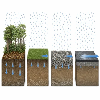 Four surface types showing different amounts of rainfall infiltration and runoff.