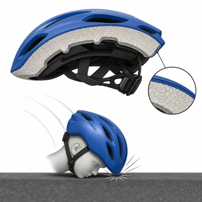 Cutaway bicycle helmet showing a hard outer shell and thick foam liner during impact.