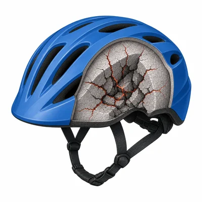 Helmet that looks normal outside but has cracked and crushed foam inside.