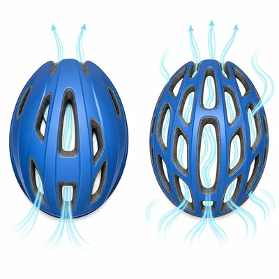 Two helmet designs comparing fewer vents with more material and many vents with less material.