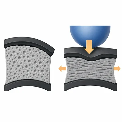 Foam liner material shown before and after being crushed by an impact.