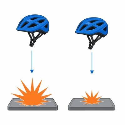 Two helmets in identical drop tests showing different impact force sizes on sensors.