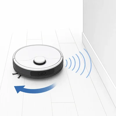 Robot vacuum sensing a nearby wall and turning left.