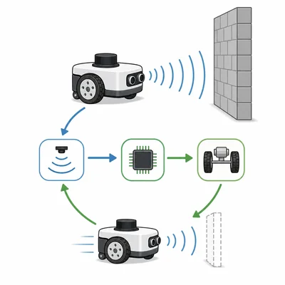Robot distance sensor feeding a controller that changes wheel motion near a wall.