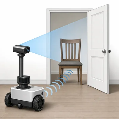 Robot using a camera to see a doorway and a distance sensor to detect a chair obstacle.