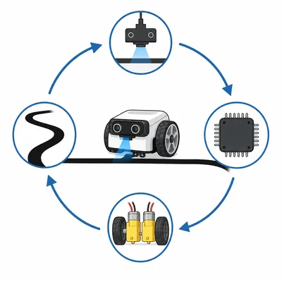 Unlabeled feedback loop for a line-following robot with sensor, controller, wheels, and floor line.