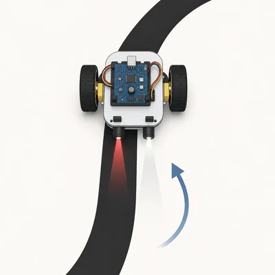 Line-following robot with one sensor over a black line and one over the light floor.