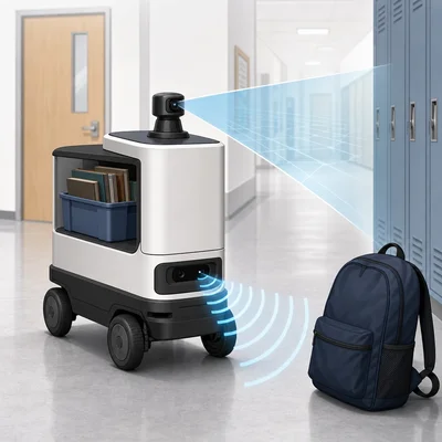 Delivery robot using sensors to detect obstacles in a hallway.