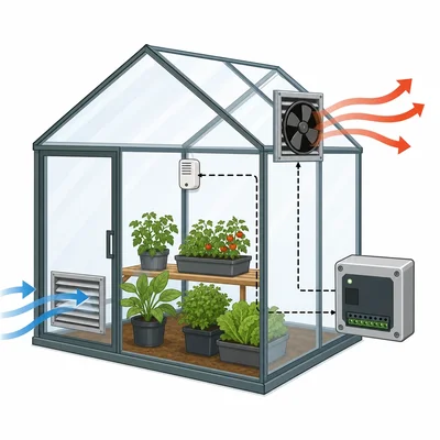 Greenhouse temperature sensor controlling a fan or vent to cool plants.