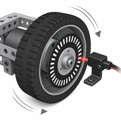 Robot wheel encoder disk and sensor measuring wheel rotation.