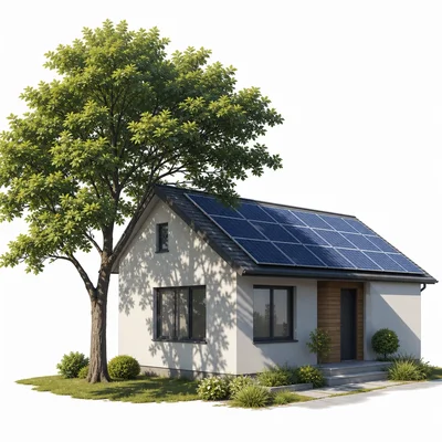 A tree shades a house and also partially shades rooftop solar panels.