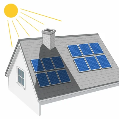 A chimney shadow falls across solar panels on a roof.