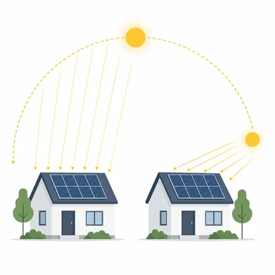 Two houses with identical solar panels receive different amounts of sunlight.