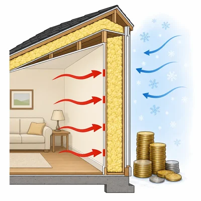 Insulation blocks heat loss from a house but suggests added cost.