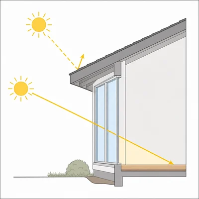 A roof overhang lets low winter sun in while blocking high summer sun.