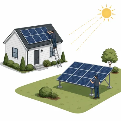 Solar panels mounted on a roof and on a ground rack near a house.