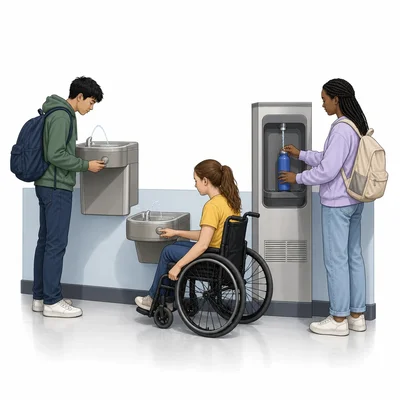 Diverse students use an accessible school water fountain and bottle-filling area.