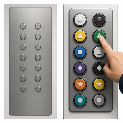 An inaccessible elevator button panel is compared with a more accessible tactile panel.