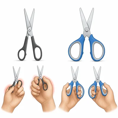Small right-handed scissors are compared with a more inclusive scissors design.