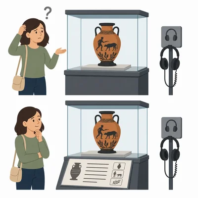 A museum exhibit with only audio is compared with one that also has a visual information panel.