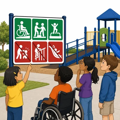 An accessible playground safety sign uses clear icons and is placed where all children can see it.