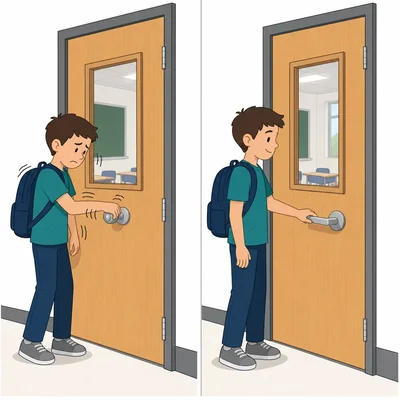 A round doorknob is compared with an easier lever-style door handle.