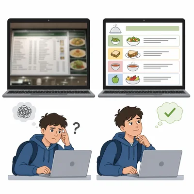 A blurry photo menu is compared with a clearer accessible online menu layout.