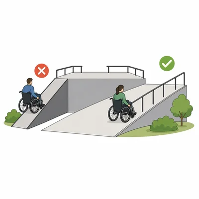 A steep wheelchair ramp is compared with a longer, gentler ramp.