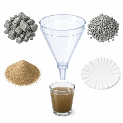 An empty filter container with large gravel, small gravel, sand, and coffee filter paper shown separately.