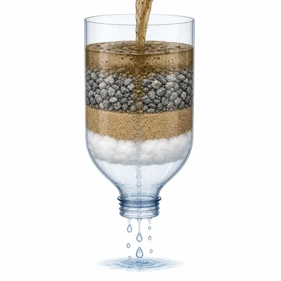 Cutaway of a layered water filter with gravel, sand, and cotton cleaning muddy water.