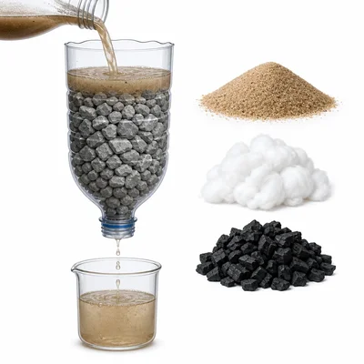 A gravel-only water filter lets cloudy water pass through, with other filter materials shown nearby.