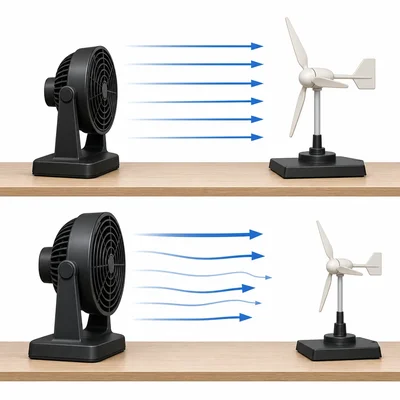 Two turbine test setups show consistent airflow in one and uneven airflow in the other.