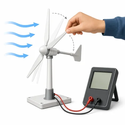 A hand adjusts a turbine blade while wires connect the turbine to a blank measuring device.