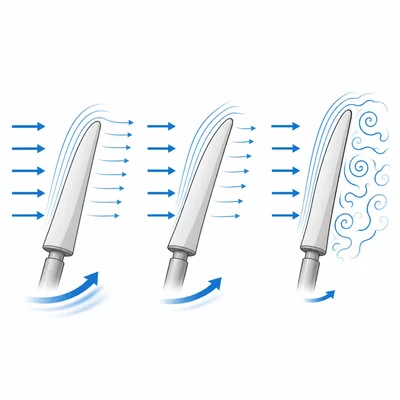 Blade angles increase from shallow to steep, with turbulent airflow behind the steepest blade.