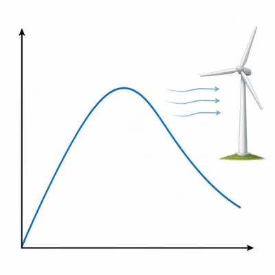 An unlabeled graph curve rises to a peak and then falls, shown beside a wind turbine.