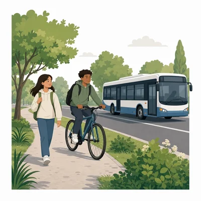 A student walks, another rides a bicycle, and a bus travels nearby.