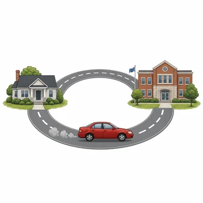 A car travels between a home and a school with exhaust puffs behind it.
