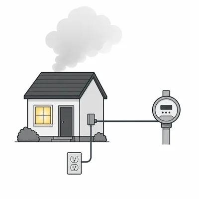 A house connected to an electric meter with a small emissions cloud above it.