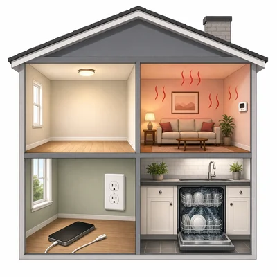 A home energy audit scene showing lights on, a thermostat, an unplugged charger, and a dishwasher.