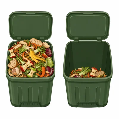 Two food waste bins show a larger amount of scraps before and a smaller amount after reduction.