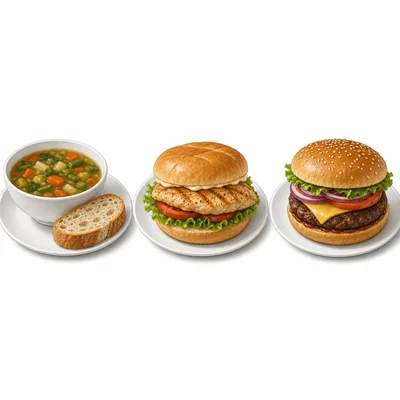 Three lunches: vegetable soup with bread, a chicken sandwich, and a beef burger.