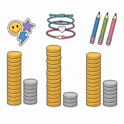 Three product groups with coin stacks for revenue and cost, showing bracelets with the largest profit gap.