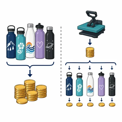 Water bottles with coins for sales, plus a setup cost and per-bottle costs.