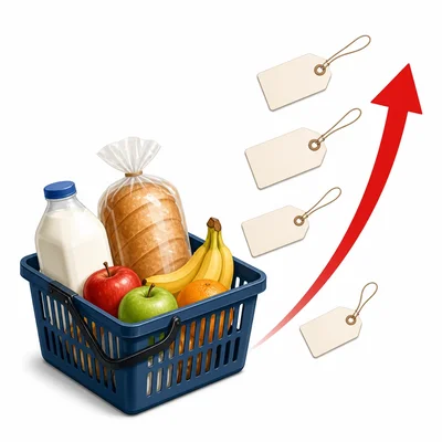 Grocery basket with blank price tags rising upward to represent inflation.