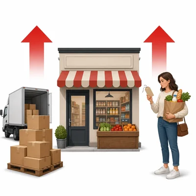 Store, delivery truck, materials, and shopper showing rising business costs and consumer prices.