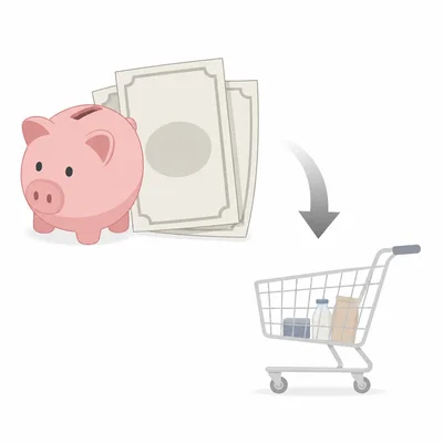 Piggy bank and smaller shopping cart showing money losing buying power.